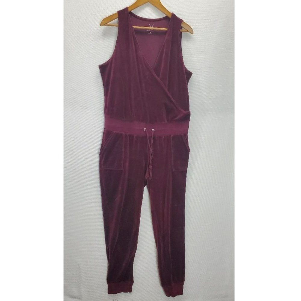New York & Company Velvet Jumpsuit Womens Large Wrap Front Jogger Leg Romper